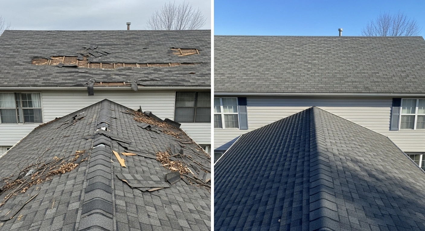 Roof showing storm damage before and after professional repair.