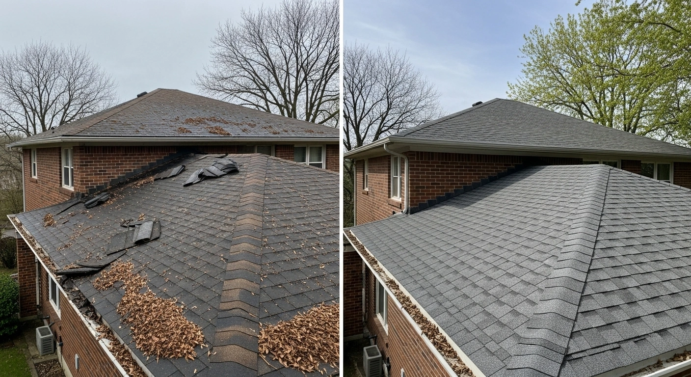 Roof with missing shingles and debris before and after full restoration.