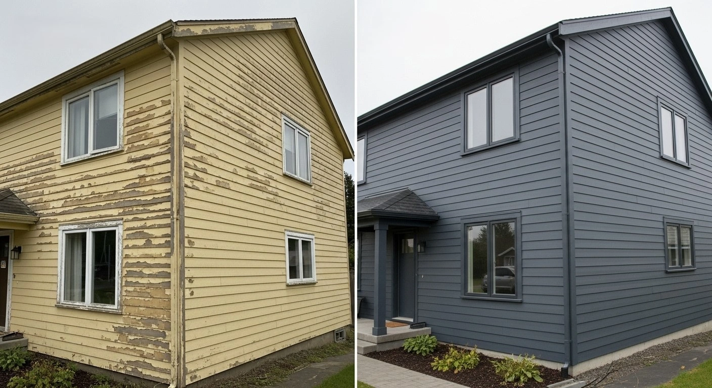 Home before with old beige siding and after with sleek grey siding.